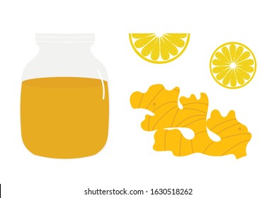 Set, collection of vector cartoon style ginger roots, honey and lemon slices. Healthy antioxidant, detox food. 