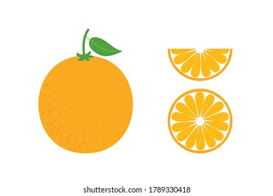 Set, collection of vector cartoon style orange fruit with leaves and slices of orange isolated on white background.