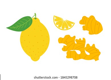 Set, collection of vector cartoon style ginger roots and lemon icons. Healthy antioxidant, detox food. 
