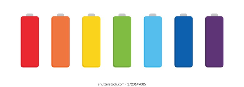 Conjunto, colección de baterías vectoriales coloridas, acumuladores aislados en fondo blanco.
