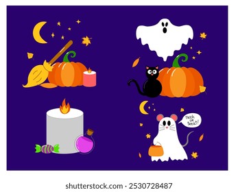 Set collection of vector compositions for Halloween. Magic vector set of illustrations with ghost, pumpkin, candle, black cat, candy, bat, baby in fairy costume.
