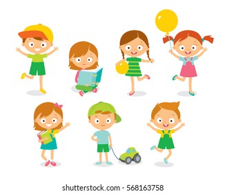 Set collection of vector cute babies kids characters playing,doing activities in different various poses.Children happily jump,move,greeting with hads up.having fun in fine mood,play,hang around