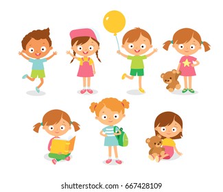 Set collection of vector cute babies kids characters playing,doing activities in different various poses.Children happily jump,move,greeting with hads up.having fun in fine mood,play,hang around