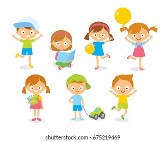 Set collection of vector cute babies kids characters playing,doing activities in different various poses.Children happily jump,move,greeting with hads up.having fun in fine mood,play,hang around