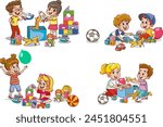 Set collection of vector cute baby kids characters playing with toys doing activities in different poses. Children jump, move, have fun in a good mood, play, hang out with different emotions.