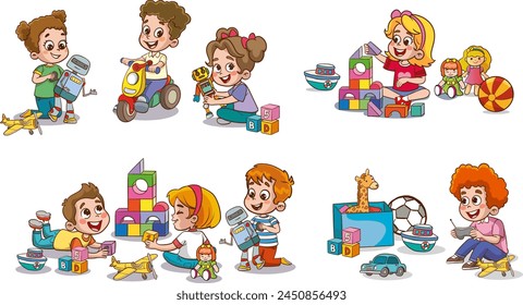 Set collection of vector cute baby kids characters playing with toys doing activities in different poses. Children jump, move, have fun in a good mood, play, hang out with different emotions.