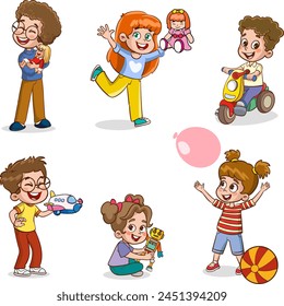 Set collection of vector cute baby kids characters playing with toys doing activities in different poses. Children jump, move, have fun in a good mood, play, hang out with different emotions.