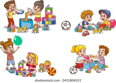 Set collection of vector cute baby kids characters playing with toys doing activities in different poses. Children jump, move, have fun in a good mood, play, hang out with different emotions.