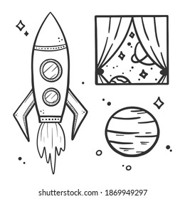 Set, collection of vector doodle, hand drawn space, cosmos icons. Rocket, planet, stars, outer space view design elements.