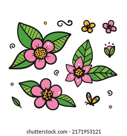 Set, collection of vector doodle style flowers, leaves and floral design elements for nature design. Hand drawn flowers.
