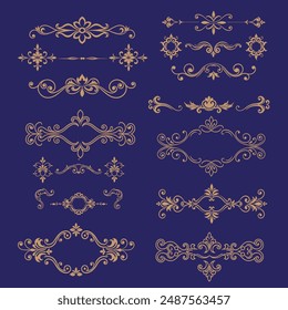 set or collection of vector filigree flourishes, golden, ornaments for design