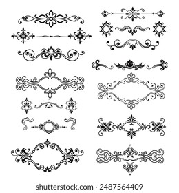 set or collection of vector filigree flourishes, black, ornaments for design
