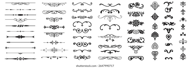 Set or collection of vector filigree flourishes for design. Decorative elements collection.