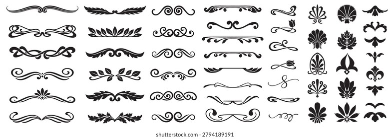 Set or collection of vector filigree flourishes for design. Decorative elements collection.