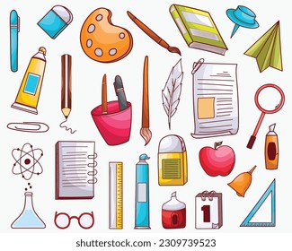 set of collection vector flat color doodle school tools illustration