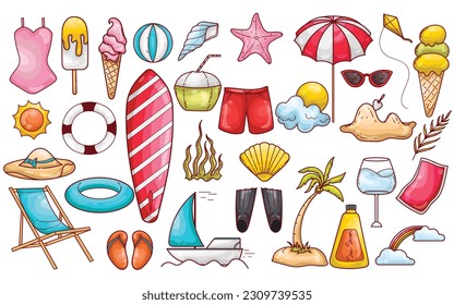 set of collection vector flat color doodle summer theme illustration