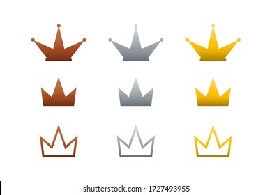 Set, collection of vector golden, silver and bronze crowns.