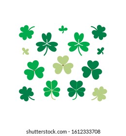 Set, collection of vector green clover leaves isolated on white background for St. Patrick's Day design.