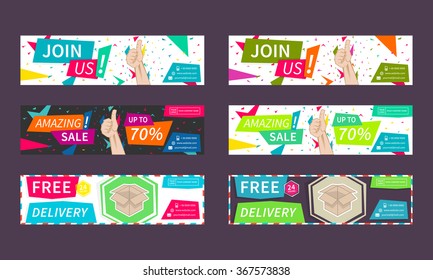 Set (collection) of vector horizontal promotion banners (Join Us, Amazing Sale, Free Delivery, etc.).
