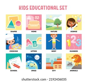 Set collection of vector icons for children's books, smartphone apps. Child, kids style pictures, images of about daily life, work, science, research, studying and nature.