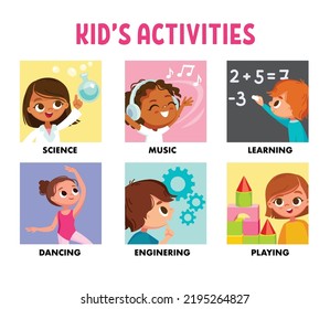 Set collection of vector icons for childrens books, smartphone apps.Child, kid style pictures, images about, on topic of science, music, learning, dancing. engineering, playing different poses, outfit