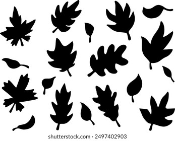 Ilustración vectorial de la colección del conjunto de hojas de arce del otoño y silueta de la bellota, color negro aislado en blanco