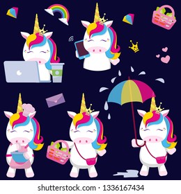 Set collection of vector illustration of cute unicorn. 
