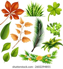 Set collection vector illustration green leaves on transparent background