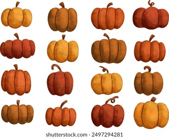 Set collection of vector illustration hand drawn pumpkins icon set. Decoration for harvest festival and Halloween on fall autumn season