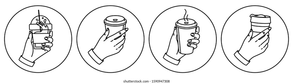 Set collection vector illustration hands holding coffee cups on a white isolated background. Icons are suitable for cafes, restaurants, catering establishments, for indoor and outdoor decoration.