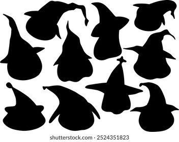 Definir coleção ilustração vetorial de silhueta chapéu de bruxa de abóbora preto e branco