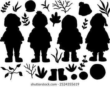 Conjunto de Ilustración vectorial de colección de silueta blanco y negro muñeco de nieve de Navidad