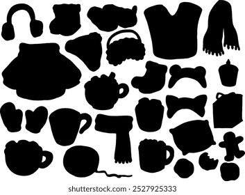 Set collection vector illustration of silhouette black and white cozy winter