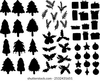 Conjunto de Ilustración vectorial de colección de silueta decoración de Navidad en blanco y negro
