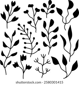 Set collection vector illustration of silhouette black and white bush, tree, flower, leaf, branch clip art