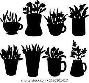 Set collection vector illustration of silhouette black and white bush, tree, flower, leaf, branch clip art