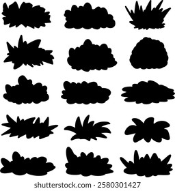 Set collection vector illustration of silhouette black and white bush, tree, flower, leaf, branch clip art