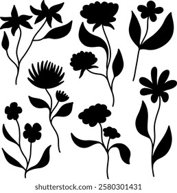 Set collection vector illustration of silhouette black and white bush, tree, flower, leaf, branch clip art