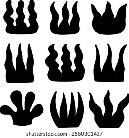 Set collection vector illustration of silhouette black and white bush, tree, flower, leaf, branch clip art