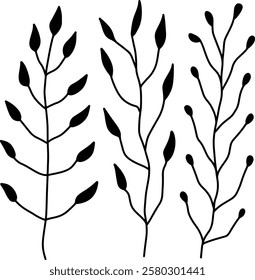 Set collection vector illustration of silhouette black and white bush, tree, flower, leaf, branch clip art