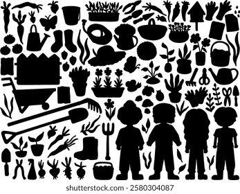 Set collection vector illustration of silhouette black and white gardening tools and activity clip art