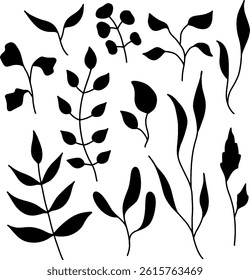 Set collection vector illustration of silhouette black and white bush, tree, flower, leaf, branch clip art