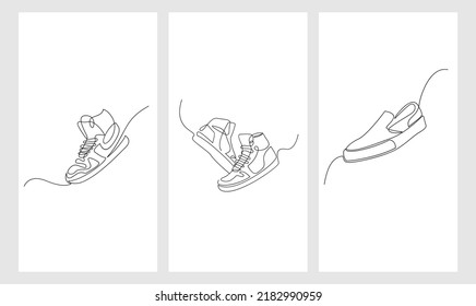 set collection Vector illustration of sneakers sports shoes in a continuous one line isolated white background