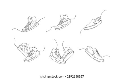 set collection Vector illustration of sneakers sports shoes in a continuous one line isolated white background