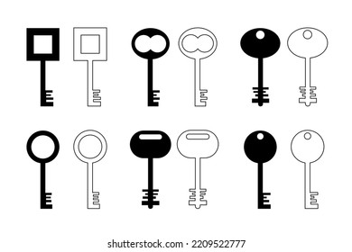 Set, colección de iconos de teclas vectoriales, teclas de doodle con delineado aislado en fondo blanco. 

