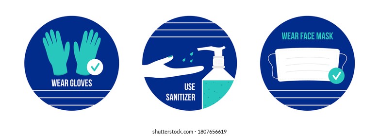 Set, collection of vector round icon, illustration with medical gloves, hand sanitizer gel and medical face mask. Coronavirus protection.