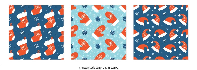 Set, collection of vector seamless pattern backgrounds with winter christmas clothes, santa hats, red mittens and christmas stockings.