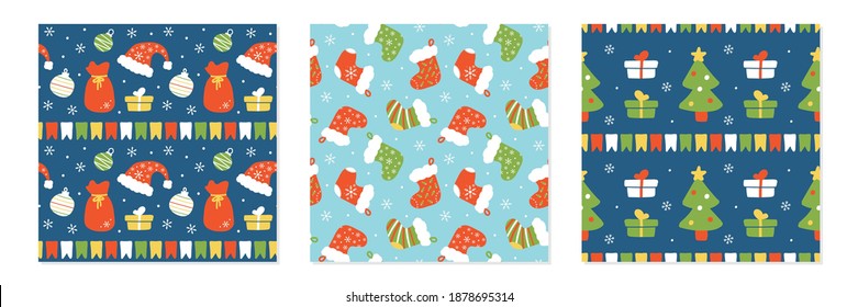 Set, collection of vector seamless pattern backgrounds with christmas trees, santa hats, christmas stockings and gifts.