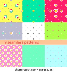 Set collection of vector seamless patterns with hearts and polka dots. Packaging dolly art. Cute vintage style bright design invitation banner.