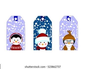 set collection vector tag label card christmas penguins